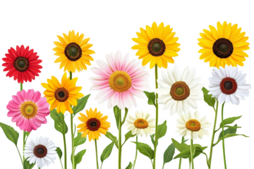 Colorful daisies and sunflowers on a gray background.

