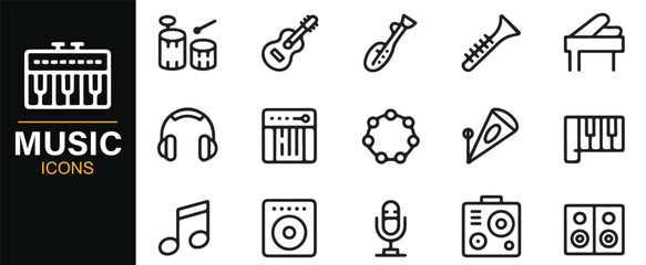 Music and entertainment vector icons pack with piano, guitar, and sound equipment