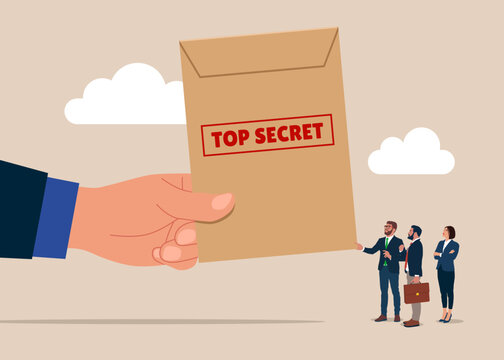 Handing over classified documents. Big hand holding a sealed TOP SECRET envelope, Confidential, classified information, and restricted access. Vector illustration