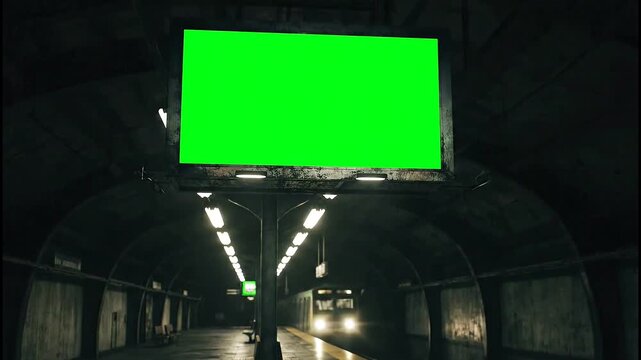 Large green screen billboard hanging in a dark, empty underground subway station with an approaching train.