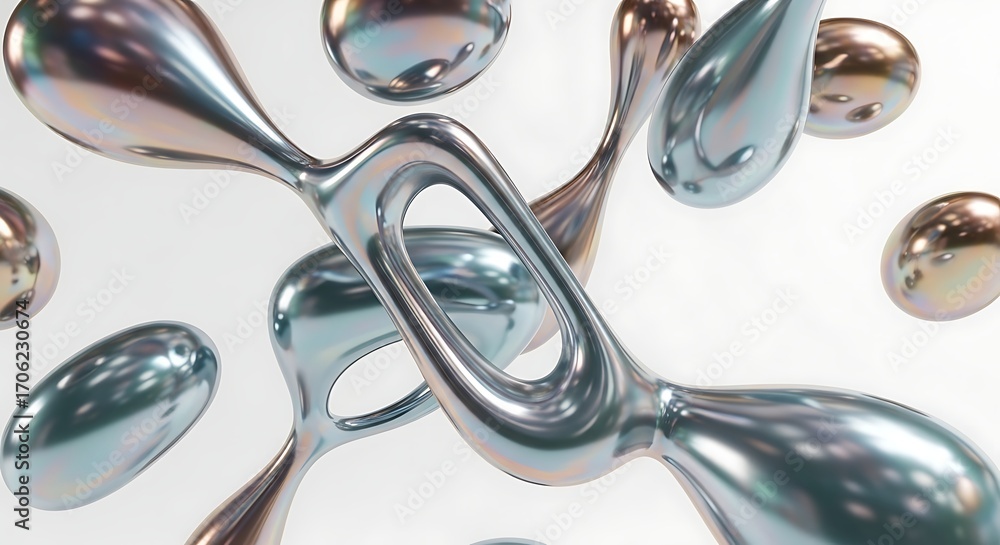 Fototapete abstract metallic blobs and fluid shapes suspended in a white space, reflecting light and color.