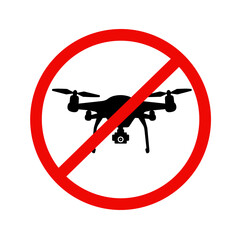 Drone silhouette crossed out with bold lines in semi-realistic flat vector, modern signage design with clean sans-serif font on white background