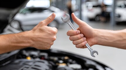 Two male hands show a thumbs-up gesture while holding a wrench in a garage, emphasizing teamwork during an automotive repair task