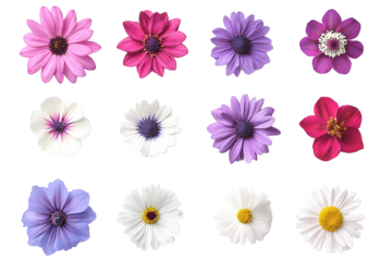 Assortment of vibrant colorful daisy flowers on a gray background.

