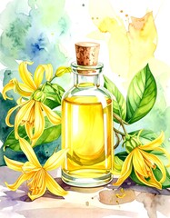 Watercolor illustration of yellow essential oil and ylang-ylang flowers