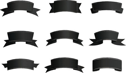 Collection of Nine Black Ribbon Banners with White Edging on White Background vector illustration