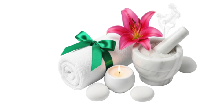 transparent terry towel with emerald green ribbon, fuchsia lily, lit candle, marble mortar with sea salt, and white pebbles on seamless transparent background, spa wellness concept