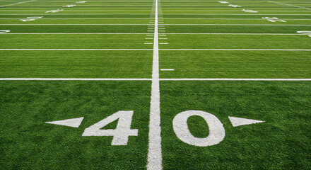 Eye-level full shot of a well-marked American football field with vibrant grass