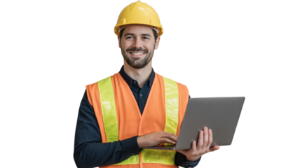 Happy male engineer with a hardhat using a laptop.

