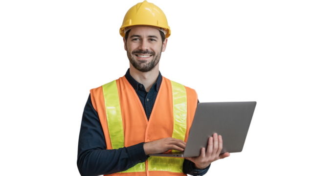 Happy male engineer with a hardhat using a laptop.

