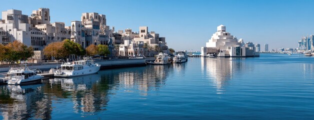 Naklejka premium The architectural marvel boasts geometric shapes and clean lines amid calm waters and a sunny sky, inviting exploration