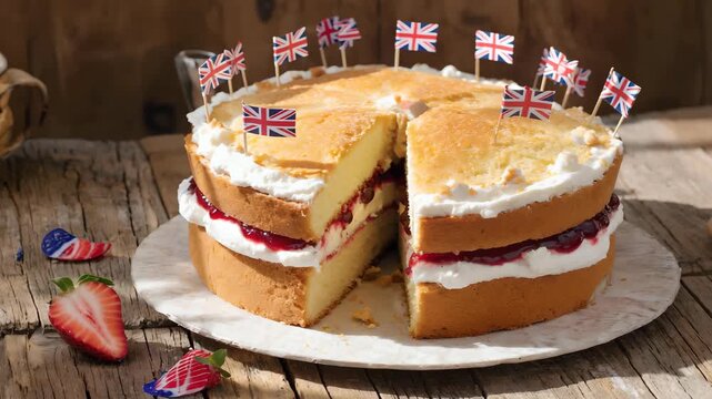 British Victoria sponge cake with cream and jam filling decorated with Union Jack flags gently waving in soft daylight on rustic wooden table, animated festive UK dessert concept