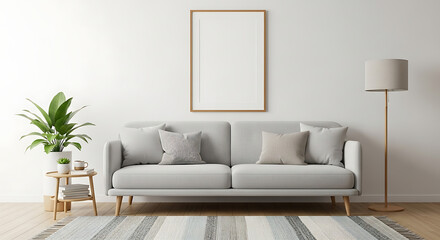 Fototapeta premium Modern Minimalist Living Room with Light Gray Sofa, Abstract Wall Art, Green Plant, Wooden Coffee Table, and Natural Lighting, 4K image 