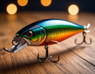 Colorful fishing lure on wooden surface