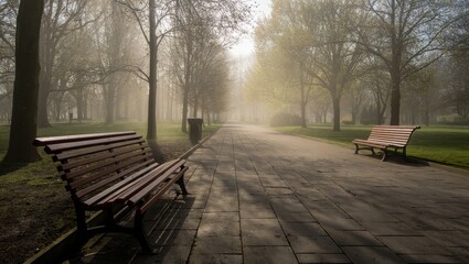 Misty morning walk in a serene park foggy landscape peaceful environment tranquil viewpoint