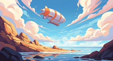 Colorful Artistic Landscape with Airship.