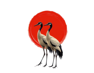 Elegant Cranes Standing Against Vibrant Red Circle Background