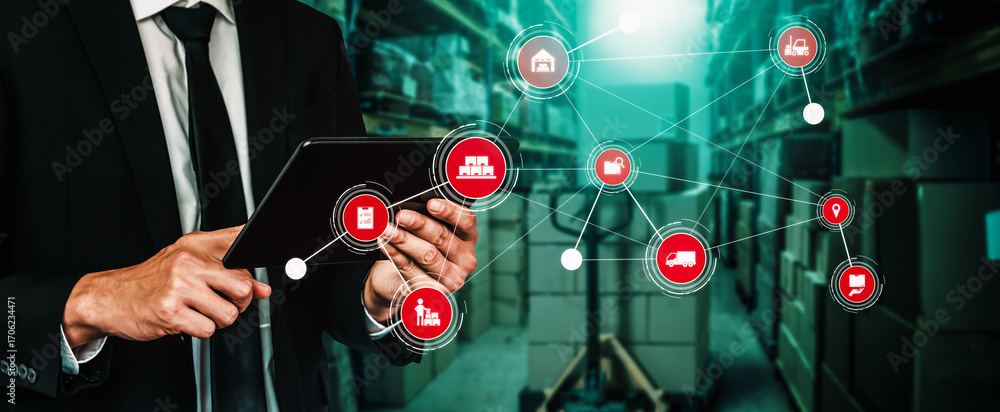 Poster smart warehouse management system with innovative internet of things technology to identify package 