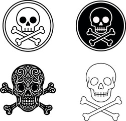 Vector illustration showing four skull and crossbones designs in black and white colors