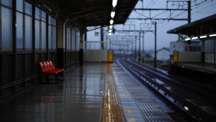 Fototapeta premium Rainy train station scene empty platform urban location photography nighttime wide shot isolation