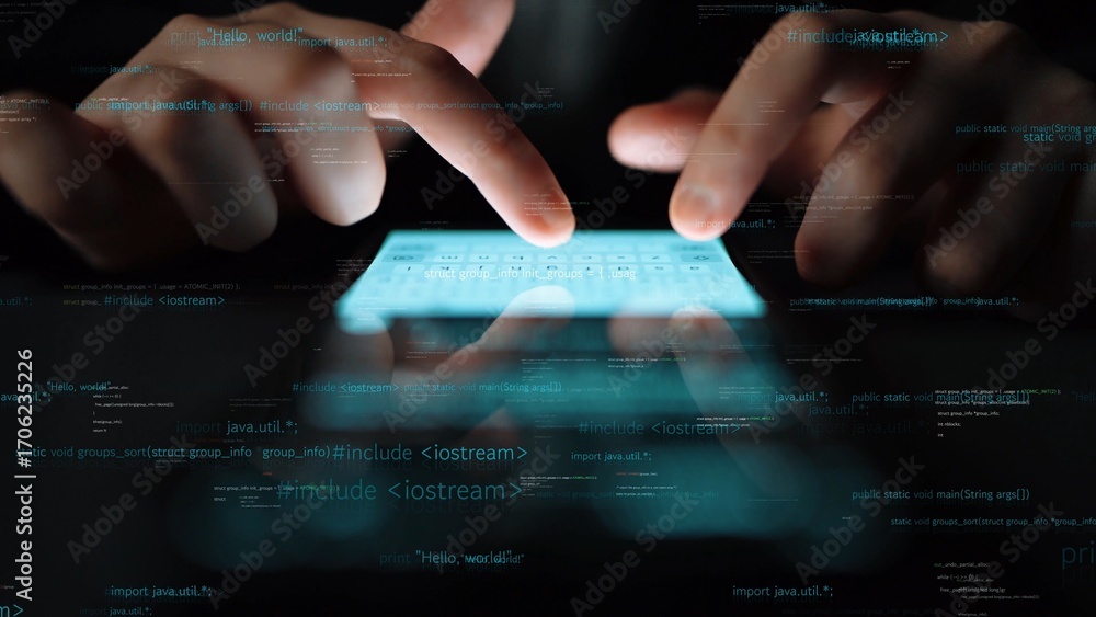 Aufkleber a close-up view of hands interacting with a smartphone surrounded by a digital code overlay, represe