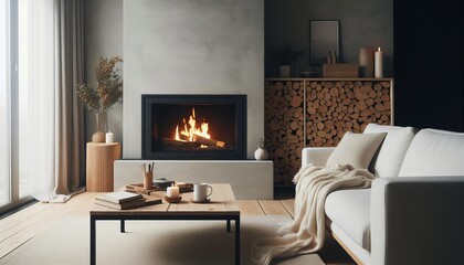 Cozy living room with a modern fireplace, comfortable sofa, and warm lighting, creating a relaxing ambiance