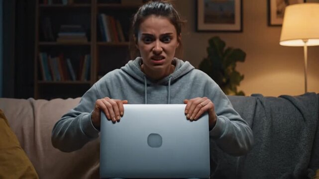 Frustrated young woman gripping a laptop with an angry expression at home Stressed millennial dealing with technology problems or online issues experiencing ang