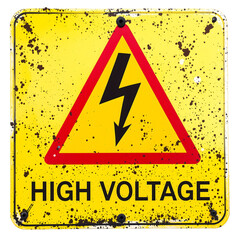 An aged and corroded high voltage electrical warning sign featuring a bold lightning symbol, conveying a clear message of potential danger and hazard