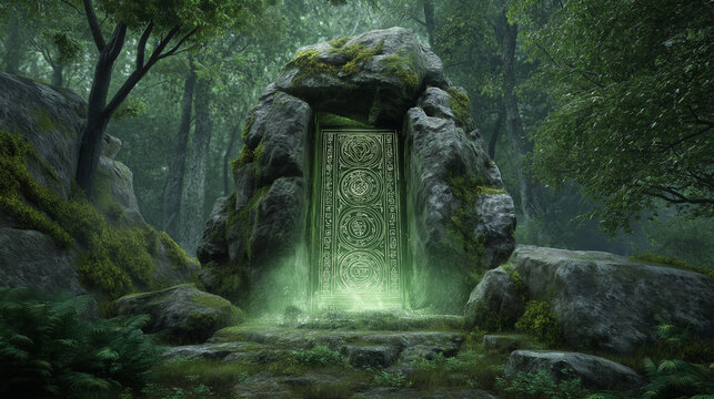 Ancient stone portal glowing with runes, surrounded by mossy forest, mysterious energy aura, fantasy realism