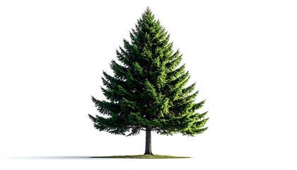 A solitary fir tree, its needle-laden branches forming a full, symmetrical cone against a clean white background