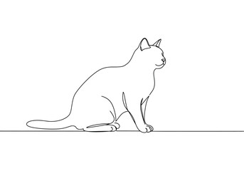 A singleline art drawing depicts a cat sitting sideways tail trailing behind on a horizontal line