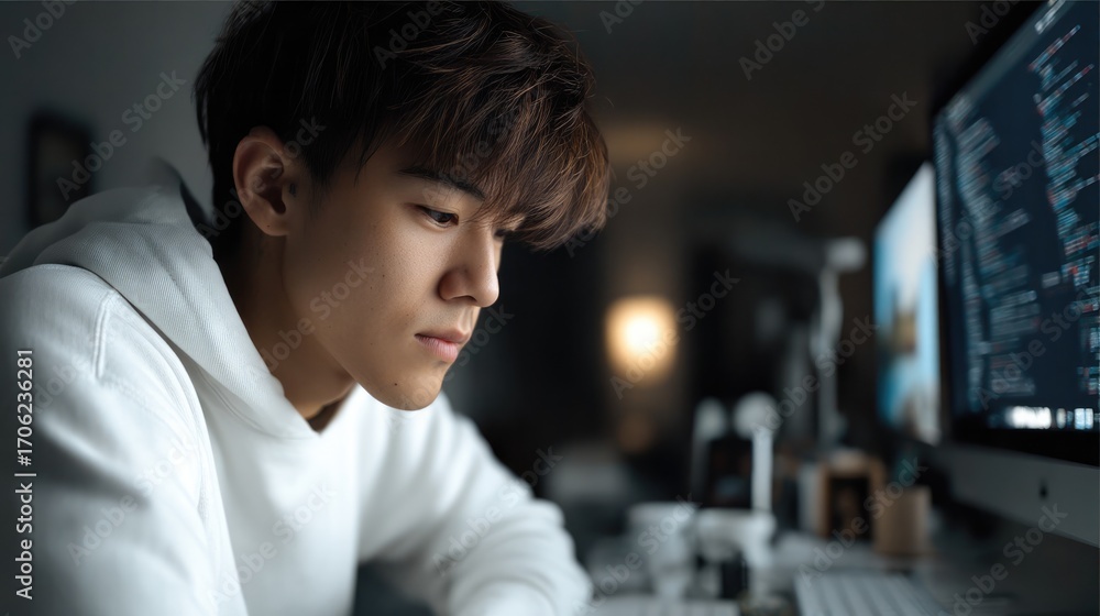 Poster a man is sitting at a desk with a computer monitor in front of him