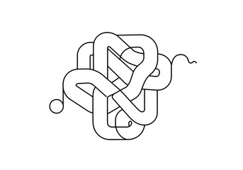 A tangled blacklined rope or cord forming a complex knot on a white background