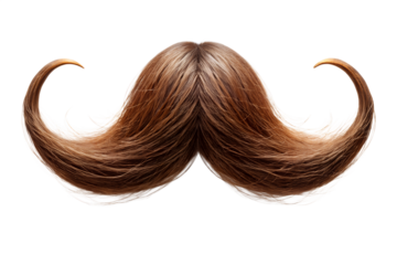 A realistic brown human hair mustache with perfectly curled ends, a humorous accessory for parties, festive concepts, or barber shop decoration