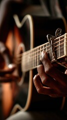 Fototapeta premium Close-Up of Hands Playing Acoustic Guitar with Warm Lighting