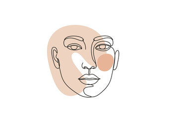 Abstract face art single line drawing with minimalist peach accents