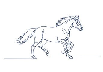 Blue line drawing of a running horse with flowing mane and tail on a horizontal line