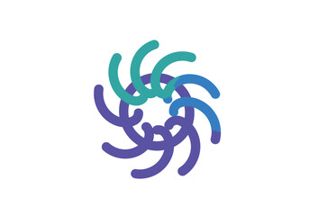 Circular design composed of curved elements in shades of purple blue and green