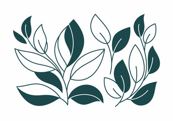 Foliage art with dark green leaves in varied shapes and sizes on stems some outlines some filled