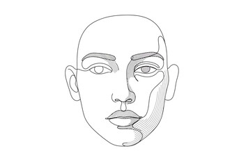 Line art face of a bald person with detail in the right side of the face