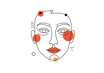 Line art face with minimal red black and orange dots