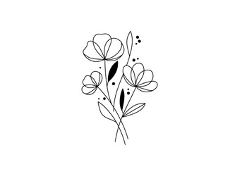 Line art flower bouquet with three blossoms slender stems leaves and scattered dots on a white background