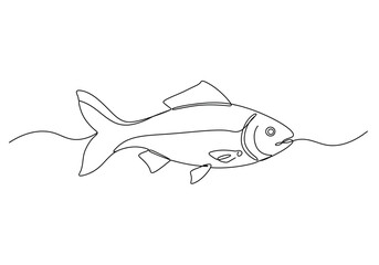Fototapeta premium Line art of a fish with distinct fins eye detail and continuous line connecting mouth to wavy lines
