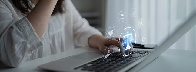Futuristic digital law interface displaying justice scale, highlighting digital law, AI compliance,...