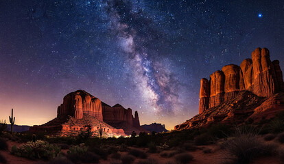 Milky Way Galaxy Over Red Rock Desert Formations – Starry Night Sky, Cosmic Landscape, Nighttime Adventure, Southwestern USA