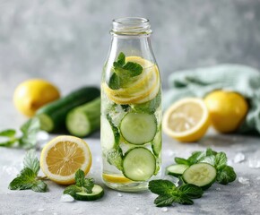 Fototapeta premium Infused detox water with cucumber, lemon and mint in glass bottle.
