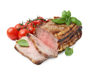 Delicious baked beef meat, tomatoes and basil isolated on white
