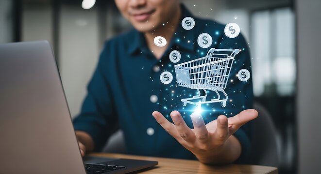 A man uses a laptop with a shopping cart icon floating above his hand, representing online shopping, ecommerce, and digital transactions for a convenient retail experience