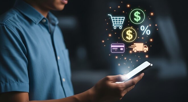 Man using smartphone for online shopping with cart, dollar sign, percentage, credit card and delivery truck icons floating above the screen, ecommerce concept - Powered by Adobe