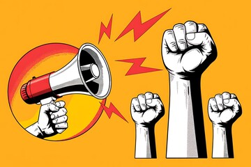 Protest megaphone and raised fists symbolizing activism and social justice